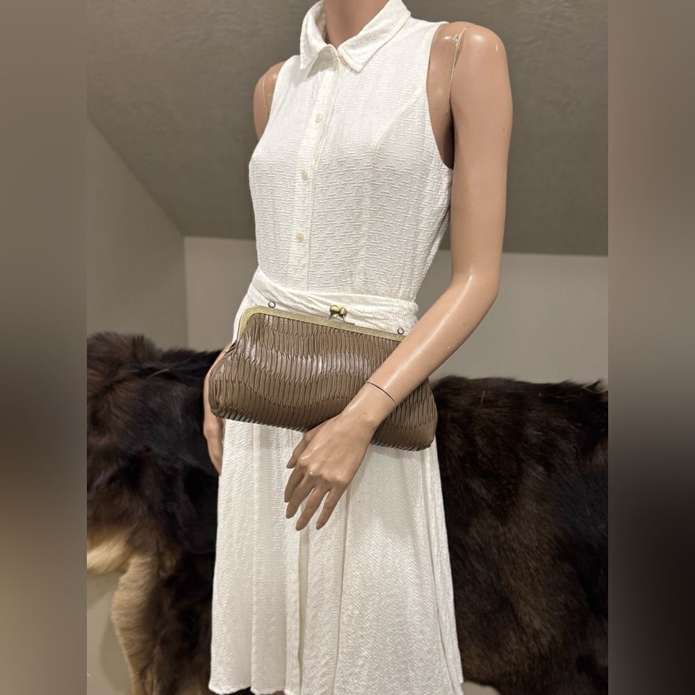 Brownish Pleated Genuine Leather Handmade Retro Kisslock Clutch, Multi Use Purse - Picture 4 of 16